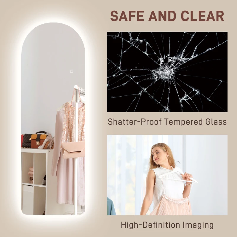 HOMCOM Oglindă de Perete în Formă de Arc cu Iluminare LED, Control Tactil și Sticlă Călită, 40x3x120 cm, Transparentă