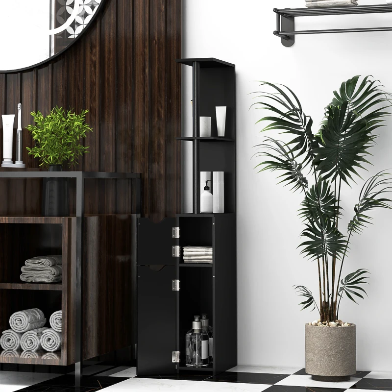 Kleankin Coloană de Baie cu 2 Rafturi și 2 Dulapuri, Mobilier Înalt de Baie Spațios din MDF, 15,2x29,8x118 cm, Negru