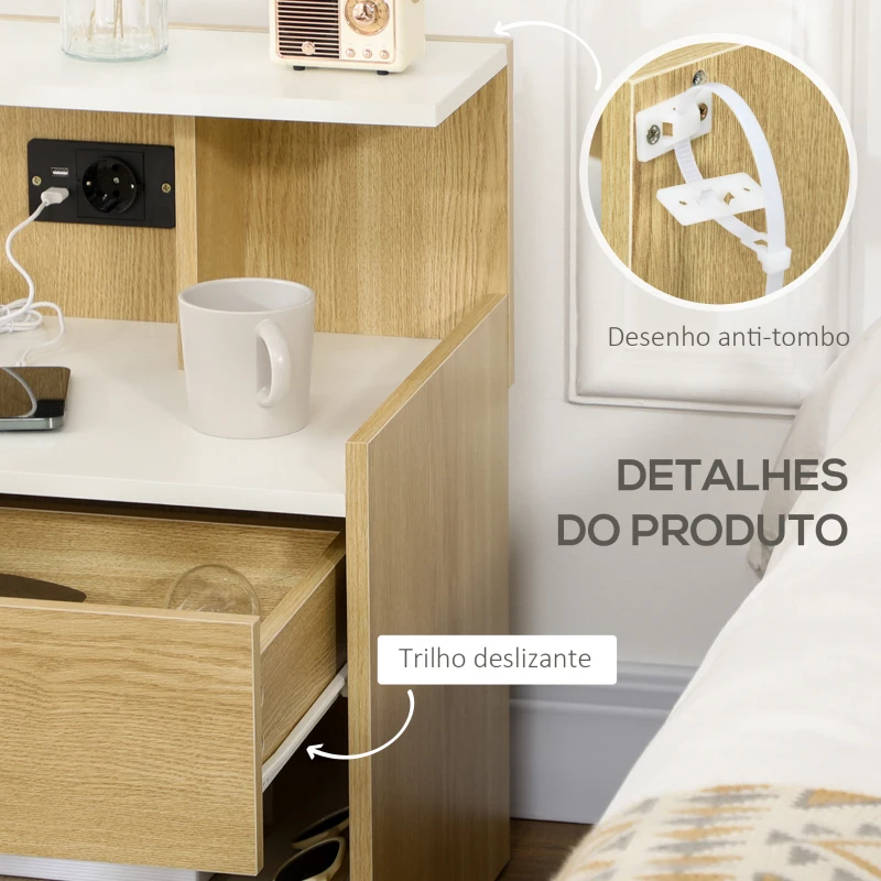 HOMCOM Mesa de Cabeceira Moderna Mesa de Cabeceira com Entrada USB Tomada Elétrica Gaveta e Prateleiras 40x40x60 cm Madeira