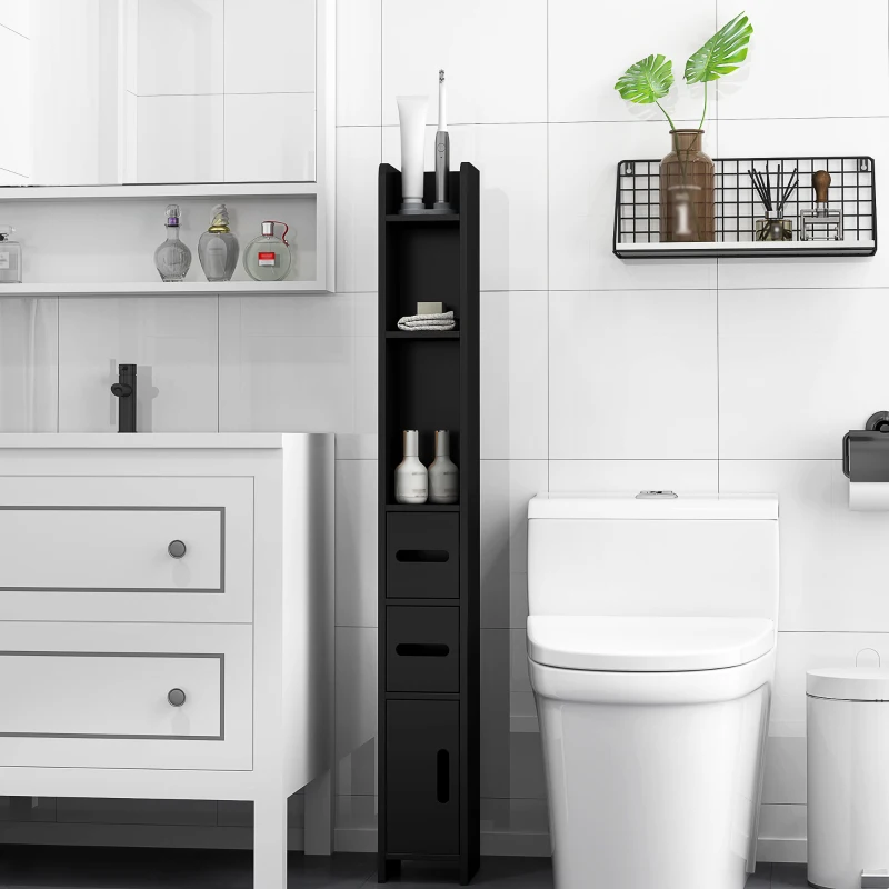 Kleankin Dulap Înalt de Baie cu Rafturi și Dulapuri, Mobilier Baie Înalt Spațiu de Depozitare, din Lemn, 15x17x120 cm, Negru