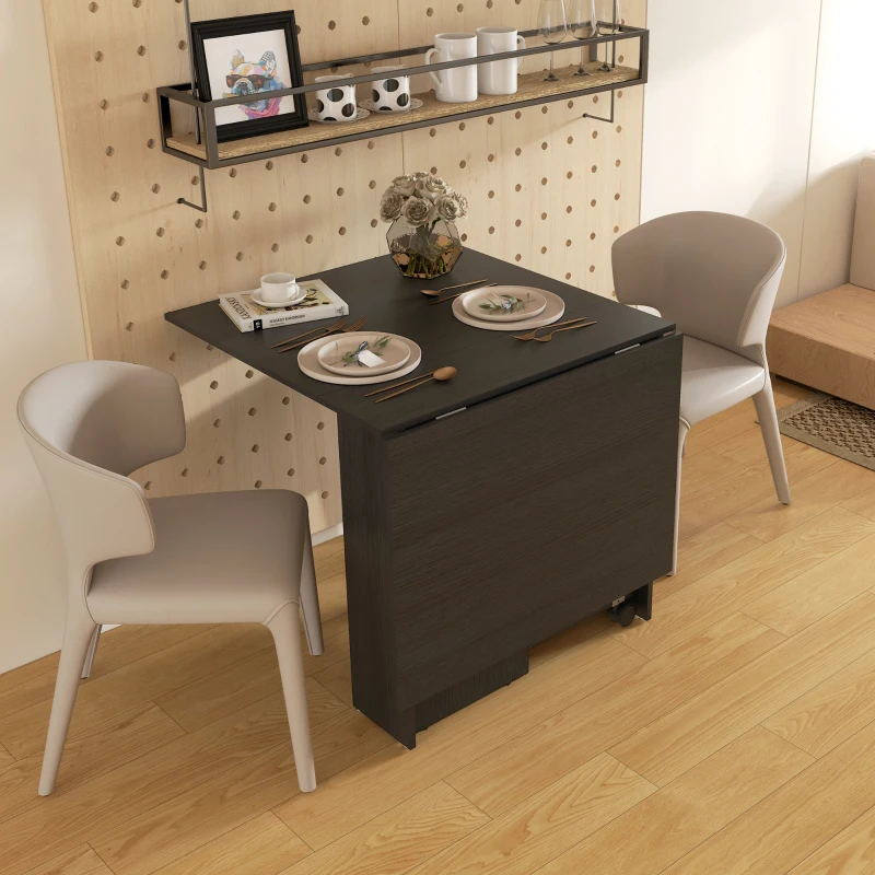 HOMCOM Masă Pliabilă, Masă Rabatabilă pentru 4-6 Persoane cu 2 Rafturi și 2 Roți, din Lemn și Metal, 140x80x74 cm, Negru(m-7)