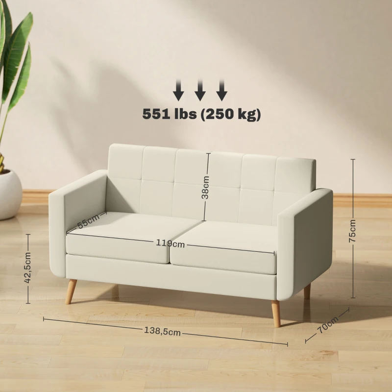 HOMCOM Sofá de 2 Lugares Estofado em Linho Sintético com Apoio para os Braços e Pés de Madeira Sofá Pequeno 138,5x70x75 cm Creme