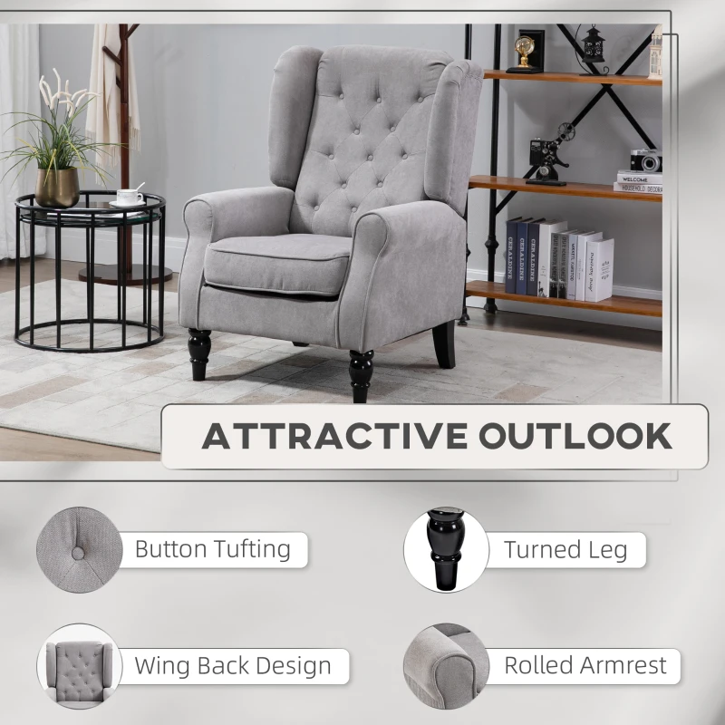 HOMCOM Accent Armchairs for Living Room, Fabric Tufted with Extra Wide Seat, Wooden Legs, Grey