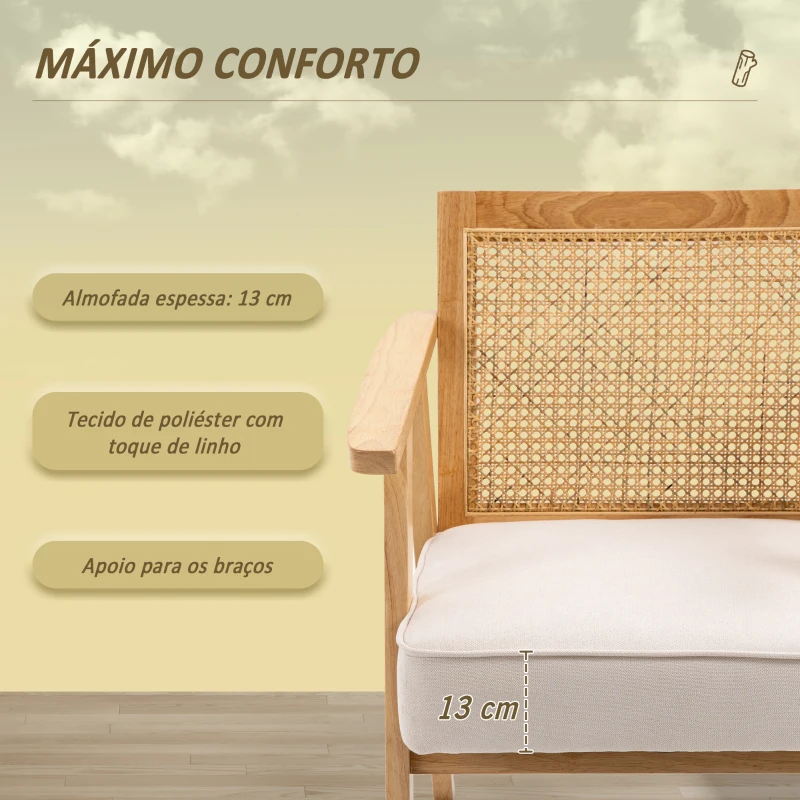HOMCOM Cadeira de Sala de Estar com Encosto em Vime e Estrutura de Madeira de Borracha 63x69x78 cm Madeira e Bege