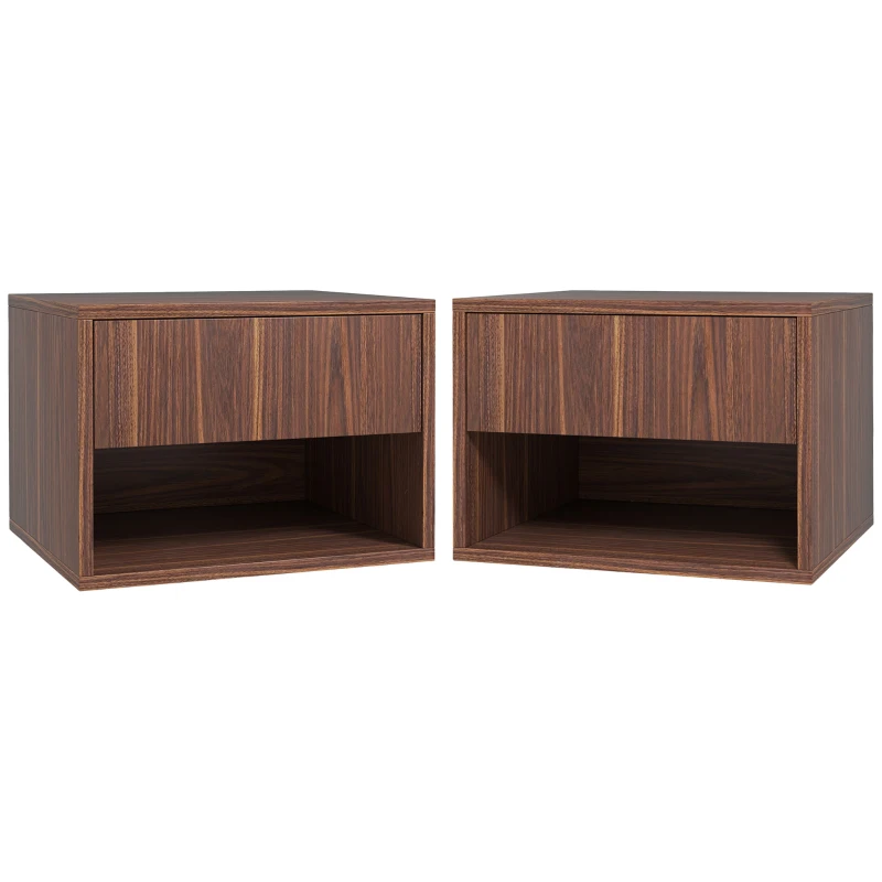 HOMCOM Set 2 Noptiere Suspendate cu Sertar și Raft Inferior Deschis, Noptiere pentru Dormitor din MDF, 40x34x29 cm, Maro(m-10)