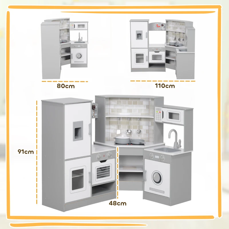 AIYAPLAY Cozinha de Madeira para Crianças com Sons Forno Lavatório Micro-Ondas Máquina de Gelo e Acessórios 110x80x91 cm Cinza
