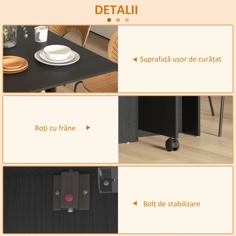HOMCOM Masă Pliabilă, Masă Rabatabilă pentru 4-6 Persoane cu 2 Rafturi și 2 Roți, din Lemn și Metal, 140x80x74 cm, Negru(m-5)