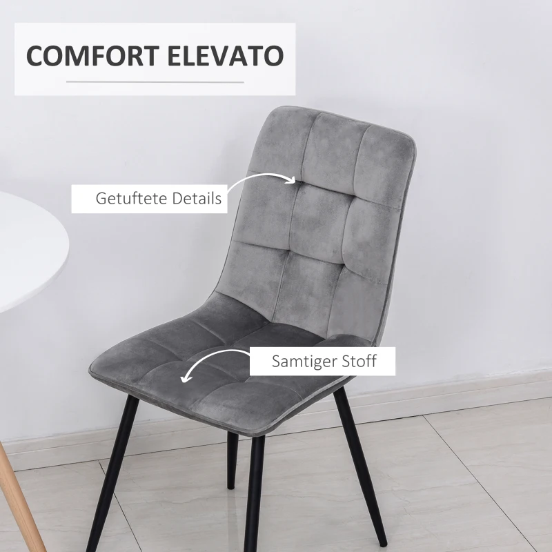 HOMCOM 2er-Set Esszimmerstuhl Polsterstuhl Küchenstuhl mit Samt-Optik Esstisch Samt Metall Grau+Schwarz 45 x 63 x 90 cm