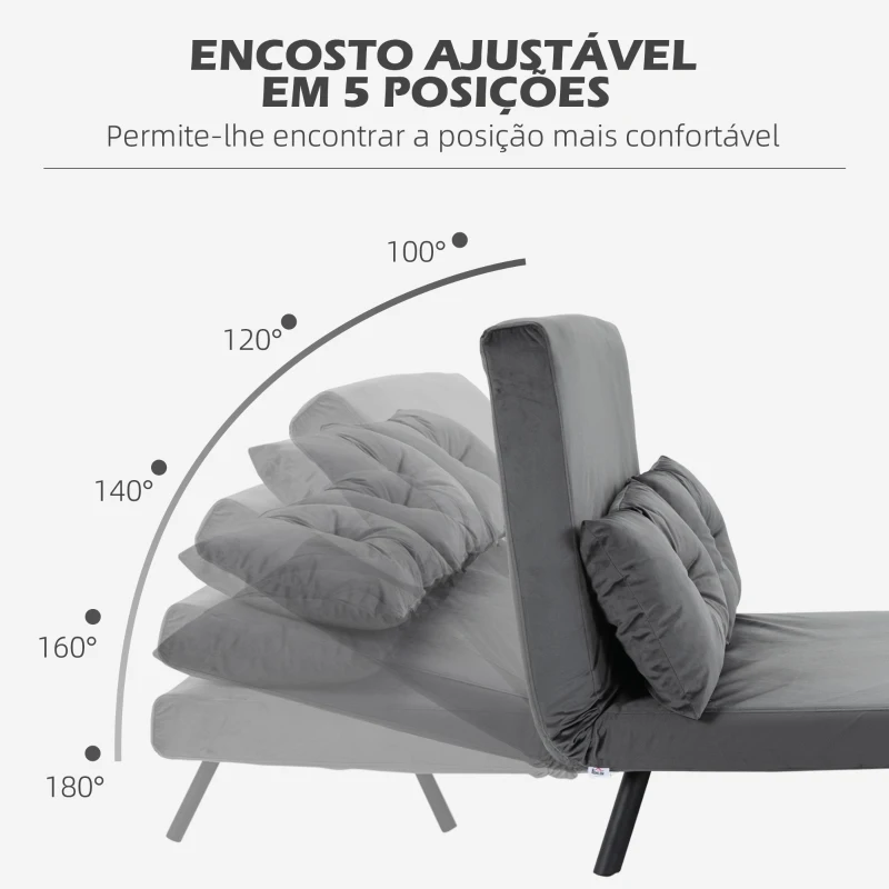 HOMCOM Sofá Cama Sofá Convertível em Cama de 2 Lugares Dobrável com Encosto Ajustável em 5 Níveis e 2 Almofadas 102x73x81 cm Cinza