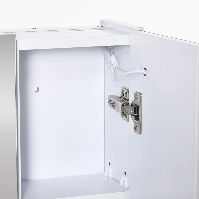 kleankin Armário Casa de Banho com Espelho e Luzes LED Armário com Espelho Casa de Banho com Prateleiras Ajustáveis e USB 90x15x75 cm Branco