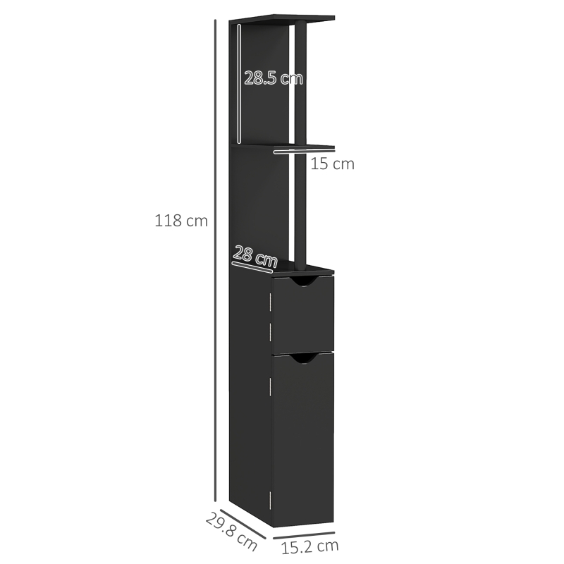 Kleankin Coloană de Baie cu 2 Rafturi și 2 Dulapuri, Mobilier Înalt de Baie Spațios din MDF, 15,2x29,8x118 cm, Negru