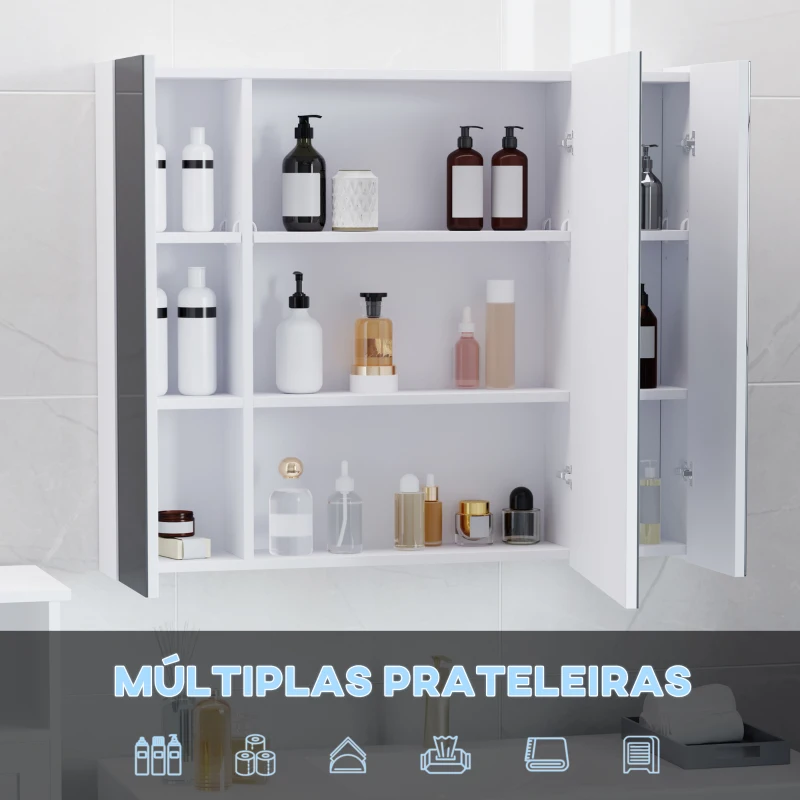 kleankin Armário Casa de Banho com Espelho e Luzes LED Armário com Espelho Casa de Banho com Prateleiras Ajustáveis e USB 90x15x75 cm Branco