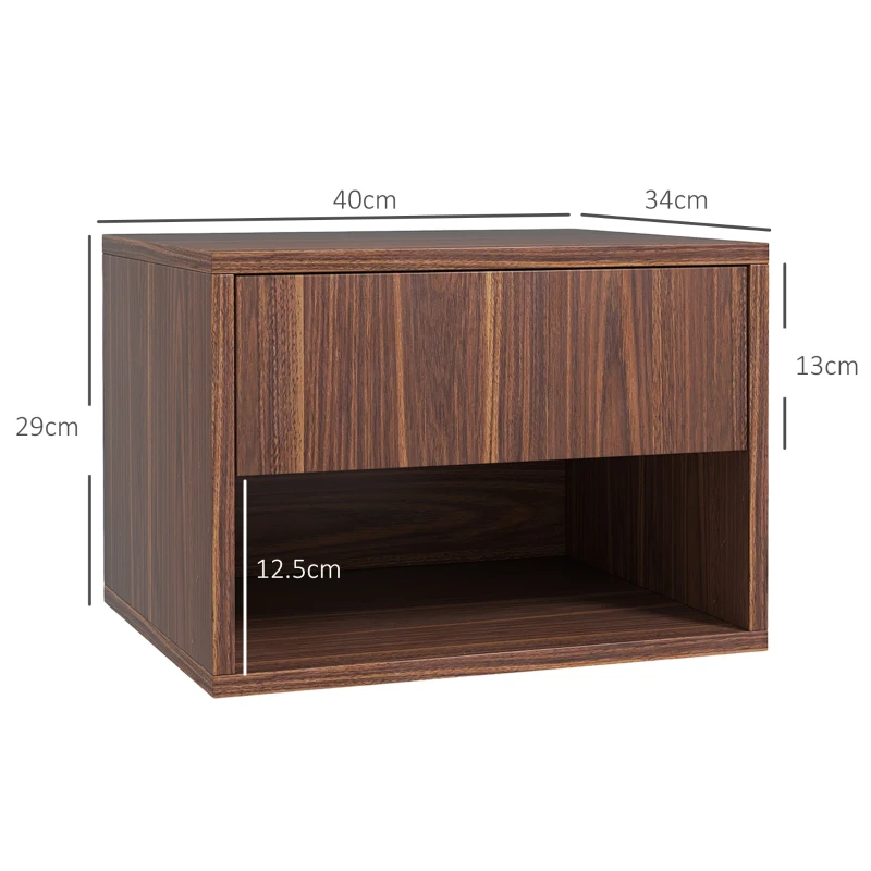 HOMCOM Set 2 Noptiere Suspendate cu Sertar și Raft Inferior Deschis, Noptiere pentru Dormitor din MDF, 40x34x29 cm, Maro(m-3)