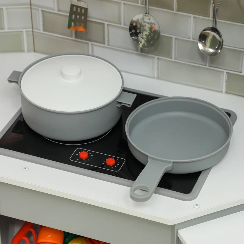 AIYAPLAY Cozinha de Madeira para Crianças com Sons Forno Lavatório Micro-Ondas Máquina de Gelo e Acessórios 110x80x91 cm Cinza