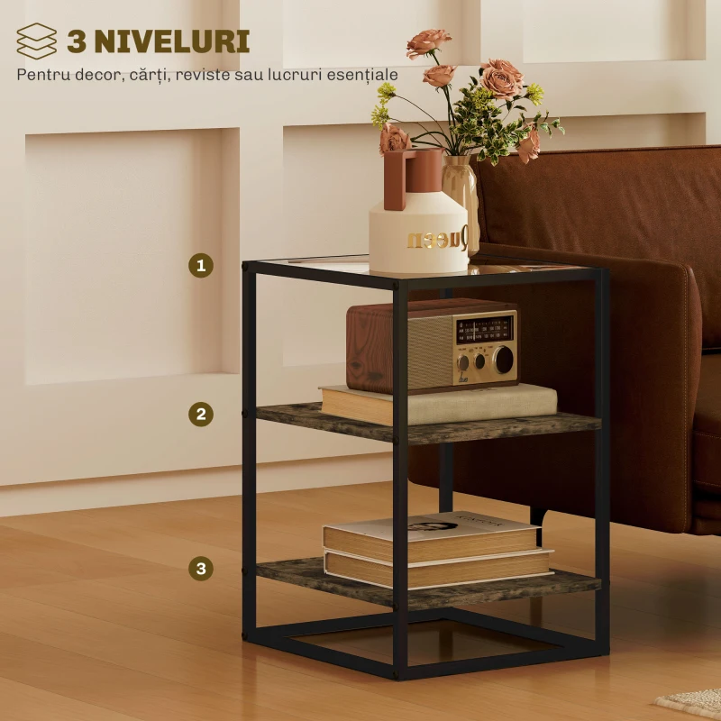 HOMCOM Set 2 Măsuțe  cu 3 Niveluri și Bază Înălțată, Măsuțe din Lemn, Metal și Blat din Sticlă Călită, 37x40x55,5 cm, Maro