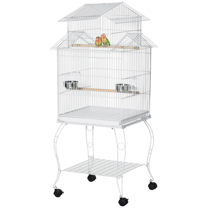 PawHut Gaiola para Pássaros com Rodas Bandeja Amovível Portas Comedouro Poleiro e Prateleira Inferior 50x49x137cm Branco
