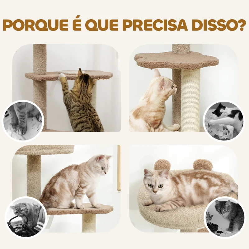 PawHut Arranhador para Gatos com Cama Caverna Plataformas Bola Suspensa e Poste de Juta 48x40x133 cm Marrom