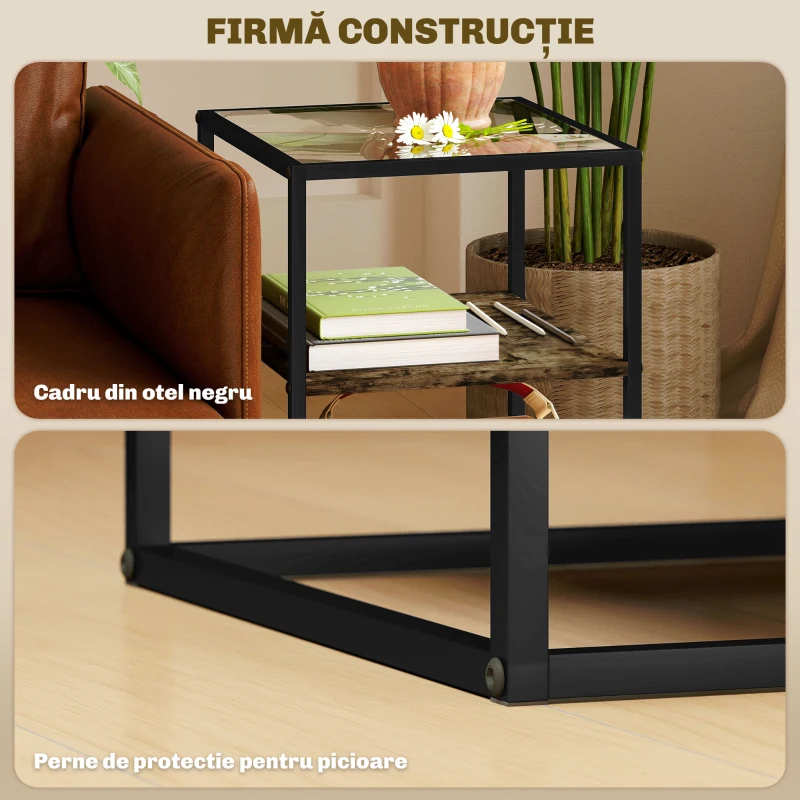 HOMCOM Set 2 Măsuțe  cu 3 Niveluri și Bază Înălțată, Măsuțe din Lemn, Metal și Blat din Sticlă Călită, 37x40x55,5 cm, Maro