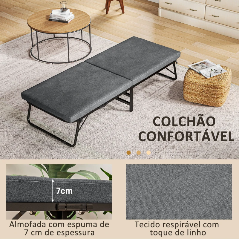 HOMCOM Cama Dobrável 70x180 cm com Colchão de Espuma Cama Dobrável com Encosto Ajustável em 5 Posições e Rodas Cinza