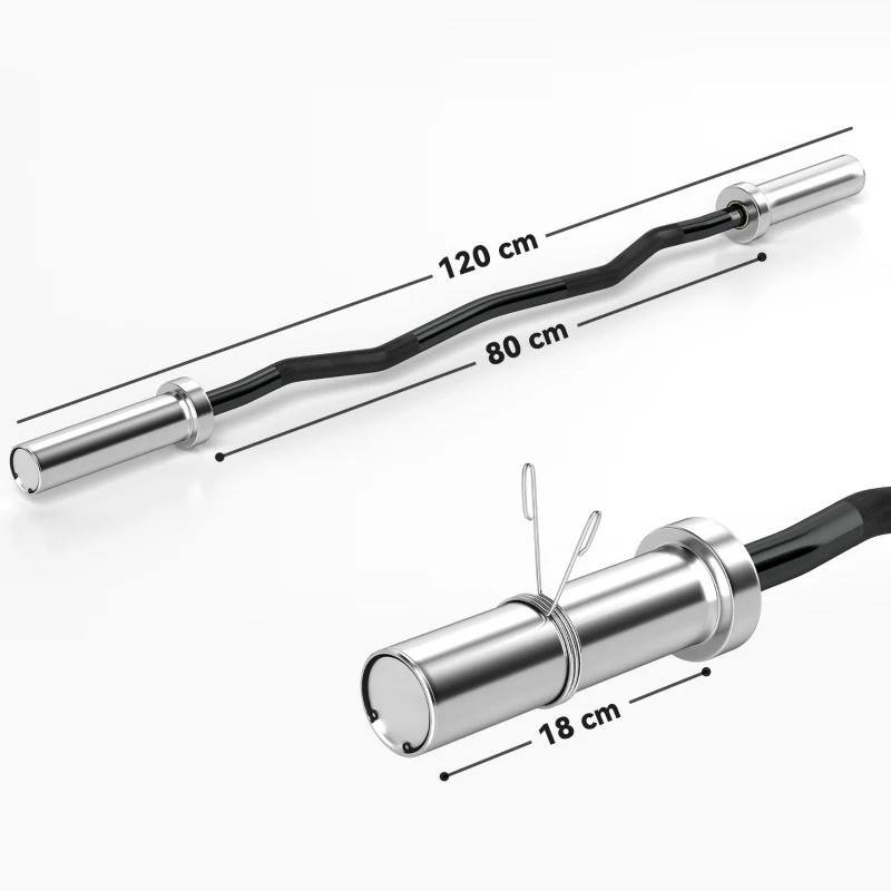 SPORTNOW Barra de Pesos de Aço 120 cm Barra Curl EZ Ø50 mm com 2 Grampos Carga 100 kg Barra Olimpica para Discos de Ø5 cm Prata e Preto