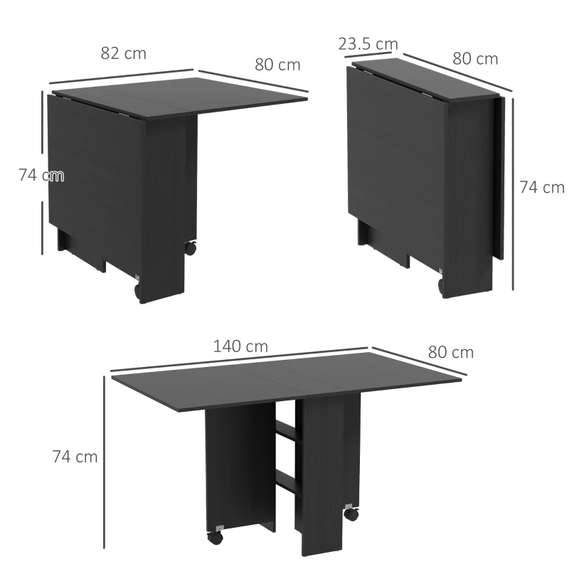 HOMCOM Masă Pliabilă, Masă Rabatabilă pentru 4-6 Persoane cu 2 Rafturi și 2 Roți, din Lemn și Metal, 140x80x74 cm, Negru(m-3)