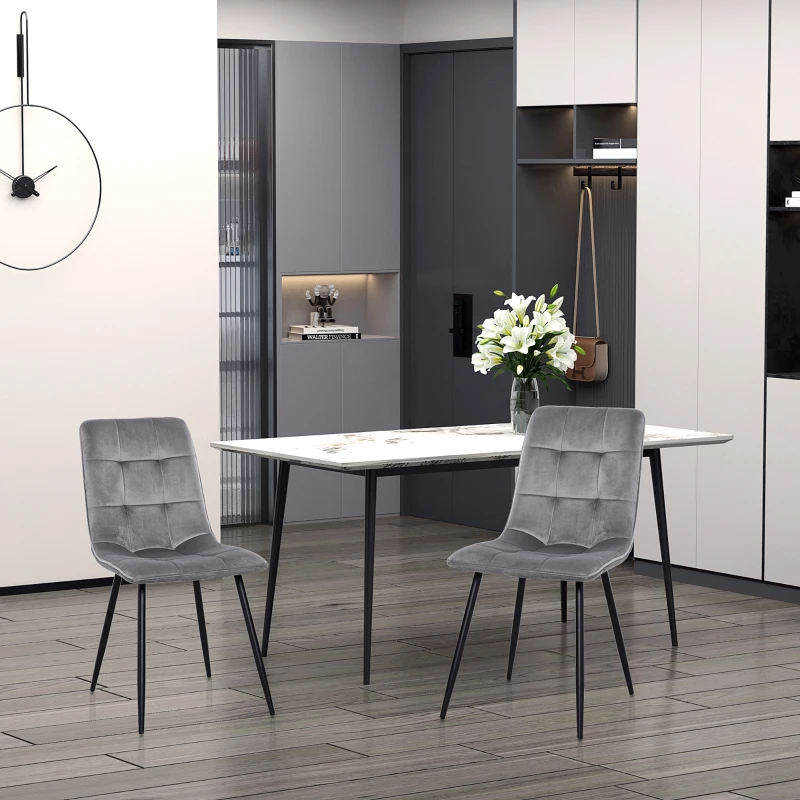 HOMCOM 2er-Set Esszimmerstuhl Polsterstuhl Küchenstuhl mit Samt-Optik Esstisch Samt Metall Grau+Schwarz 45 x 63 x 90 cm