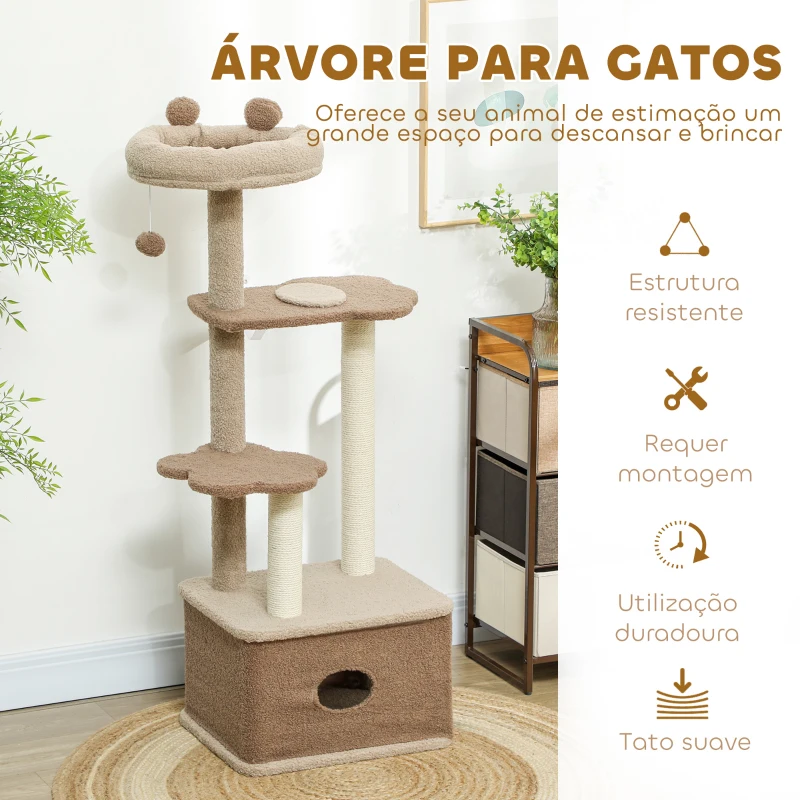 PawHut Arranhador para Gatos com Cama Caverna Plataformas Bola Suspensa e Poste de Juta 48x40x133 cm Marrom