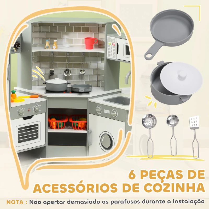 AIYAPLAY Cozinha de Madeira para Crianças com Sons Forno Lavatório Micro-Ondas Máquina de Gelo e Acessórios 110x80x91 cm Cinza