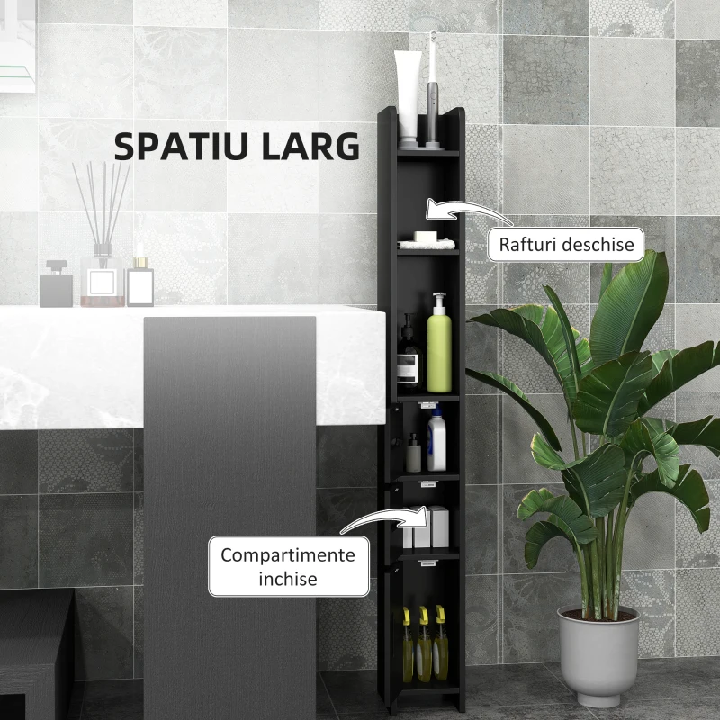 Kleankin Dulap Înalt de Baie cu Rafturi și Dulapuri, Mobilier Baie Înalt Spațiu de Depozitare, din Lemn, 15x17x120 cm, Negru