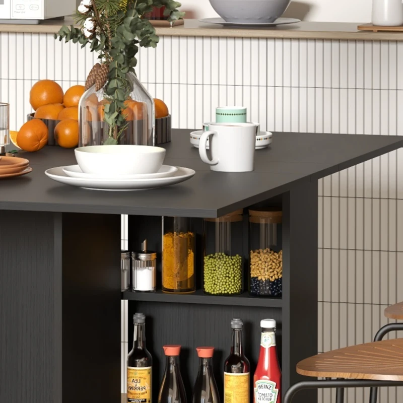 HOMCOM Masă Pliabilă, Masă Rabatabilă pentru 4-6 Persoane cu 2 Rafturi și 2 Roți, din Lemn și Metal, 140x80x74 cm, Negru(m-9)