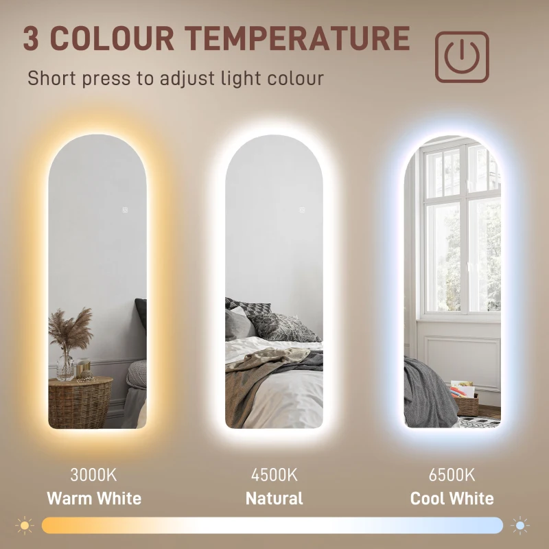 HOMCOM Oglindă de Perete în Formă de Arc cu Iluminare LED, Control Tactil și Sticlă Călită, 40x3x120 cm, Transparentă