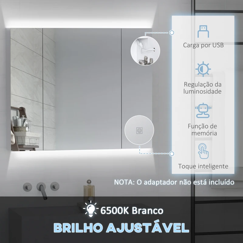 kleankin Armário Casa de Banho com Espelho e Luzes LED Armário com Espelho Casa de Banho com Prateleiras Ajustáveis e USB 90x15x75 cm Branco