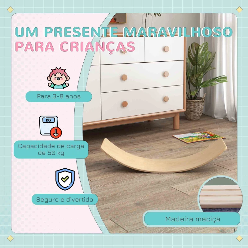 AIYAPLAY Tábua de Equilíbrio para Crianças Tábua Curva de Madeira Carga 50 kg para Treino Sensorial Equilíbrio 90x29x19 cm Madeira