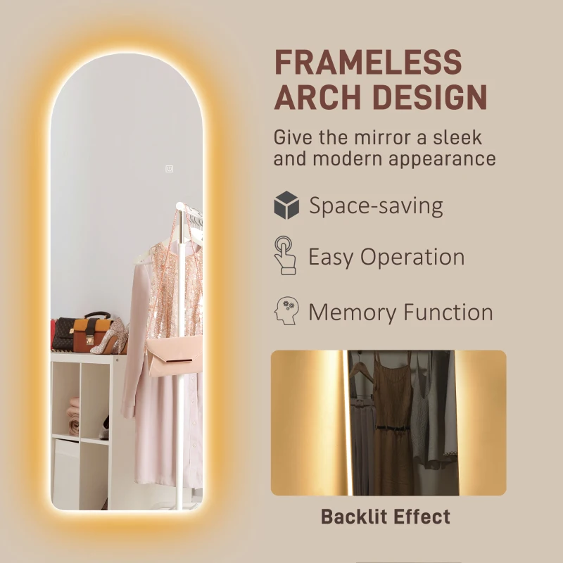 HOMCOM Oglindă de Perete în Formă de Arc cu Iluminare LED, Control Tactil și Sticlă Călită, 40x3x120 cm, Transparentă