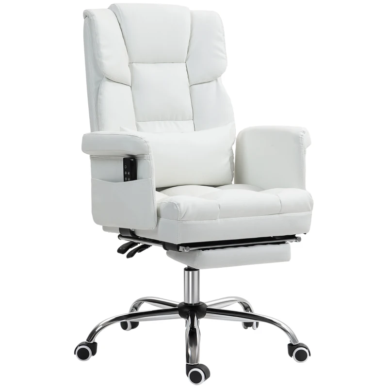 HOMCOM Cadeira de Escritório com Massagem em 6 Pontos Apoio para os Pés Retrátil Controlo Remoto e Suporte Lombar 69x65x115 cm Branco