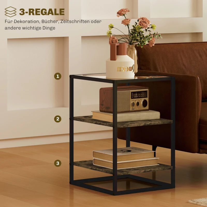 HOMCOM 2-delige Bijzettafelset met Glasplaat, 3-Niveaus Ontwerp, Metalen Frame, voor Woonkamer, Slaapkamer, Bruin