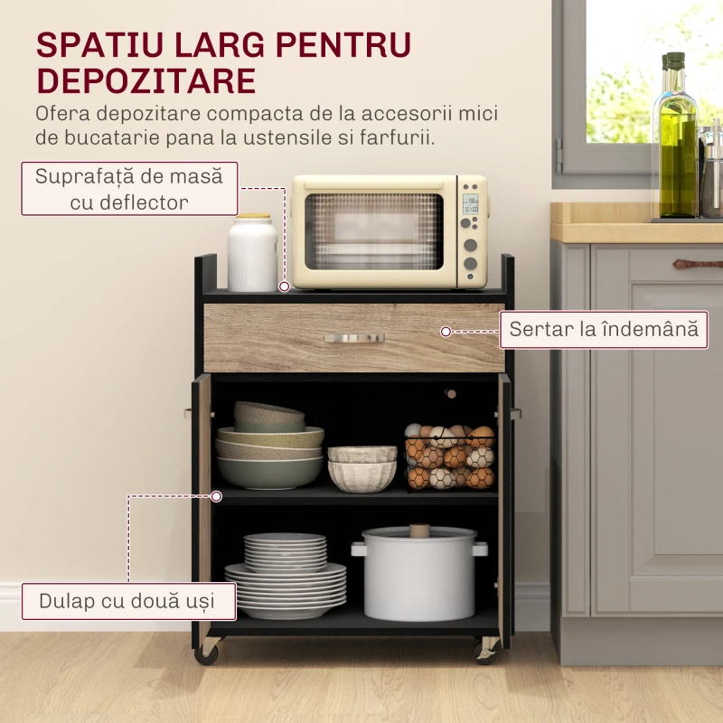 HOMCOM Cărucior de Bucătărie cu Sertar și Dulăpior, Insulă de Bucătărie cu 4 Roți și Raft Reglabil, 60x40x77 cm, Negru(m-4)