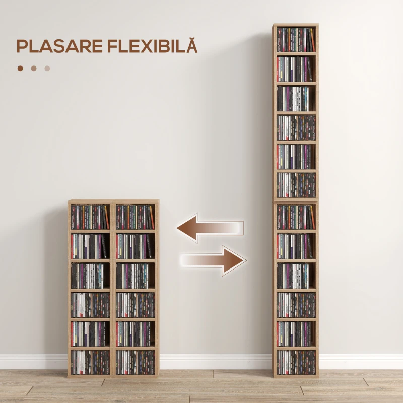 HOMCOM Set de 2 Biblioteci cu 12 Rafturi pentru 204 CD-uri/DVD-uri, Bibliotecă Coloană, 21x22,5x88,5 cm, Lemn Natural(m-5)