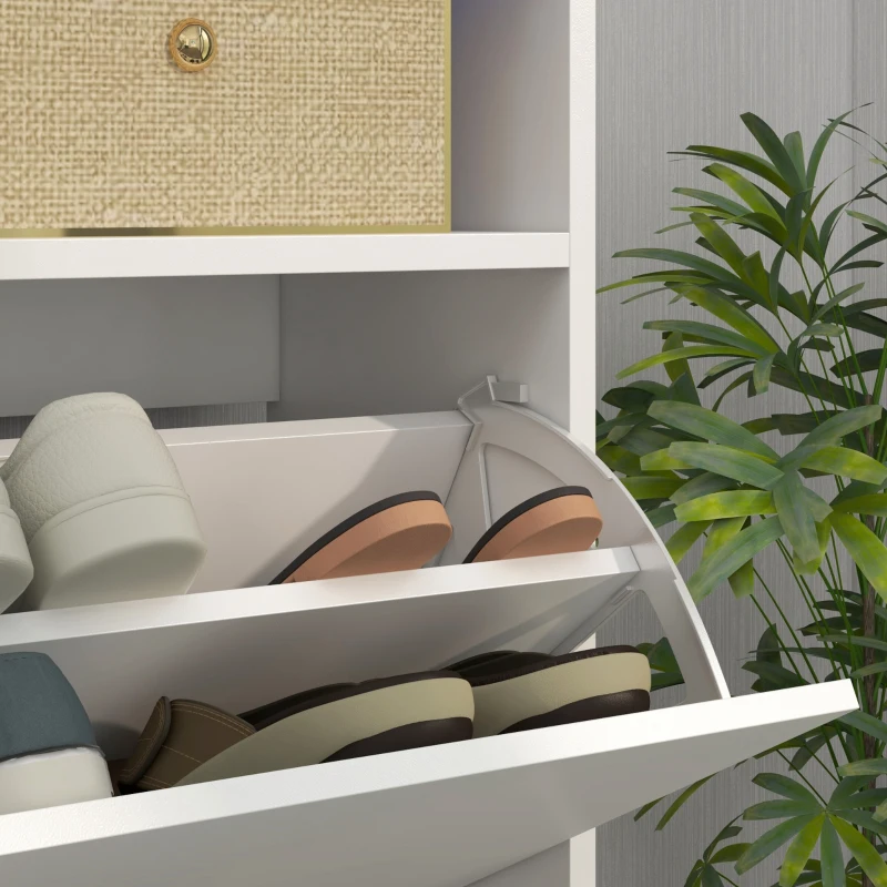 HOMCOM Móvel Sapateira de Entrada com Luzes LED Prateleira Aberta e 2 Gavetas Basculantes para 12-16 Pares 80x24x99,5 cm Branco Brilhante