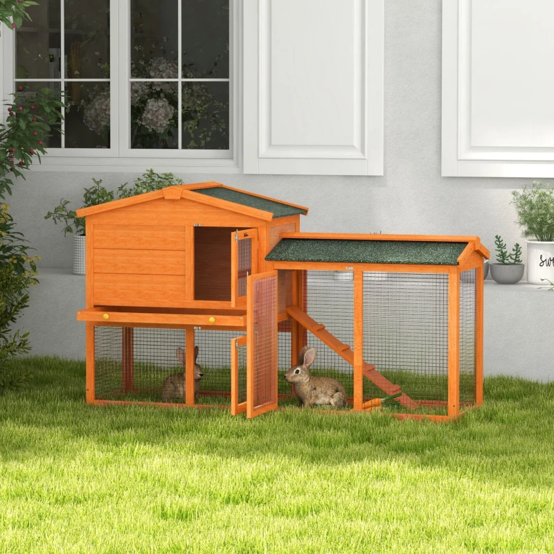 PawHut Two-Tier Rabbit Hutch with Run, Ramp, Slide-Out Tray, for Garden - Orange