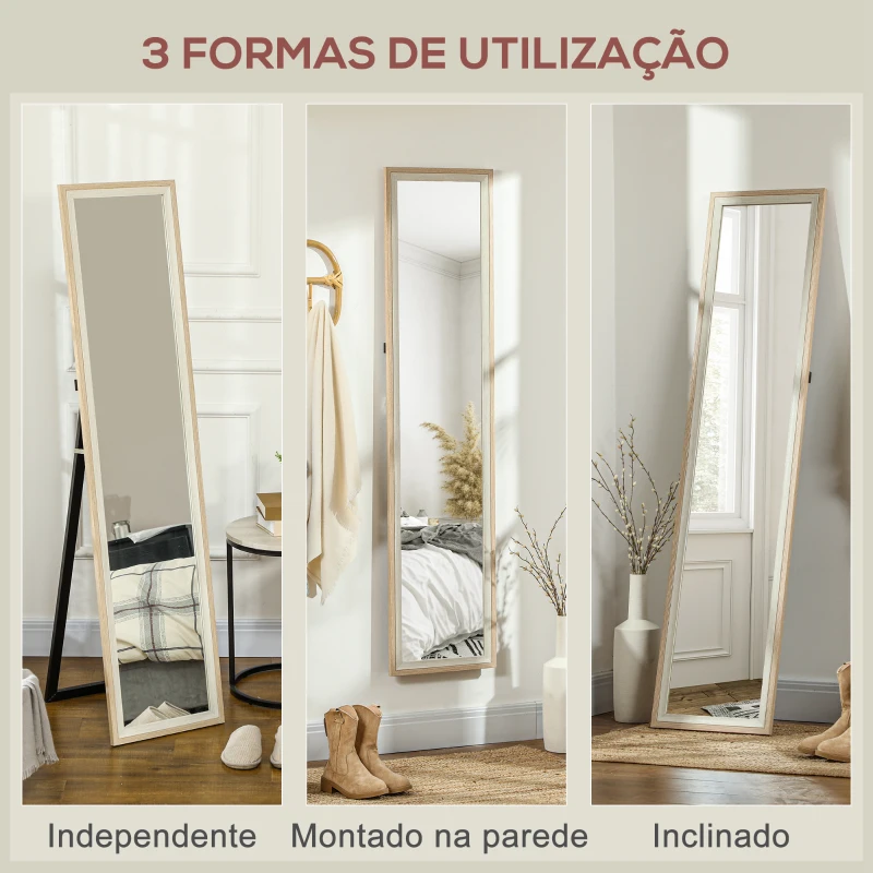 HOMCOM Espelho de Pé 37x157 cm Espelho de Corpo Inteiro com Estrutura de MDF e Suporte Branco e Madeira Clara