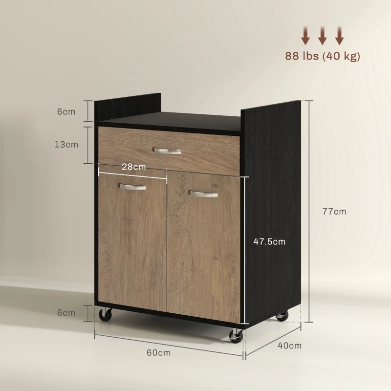 HOMCOM Cărucior de Bucătărie cu Sertar și Dulăpior, Insulă de Bucătărie cu 4 Roți și Raft Reglabil, 60x40x77 cm, Negru(m-3)