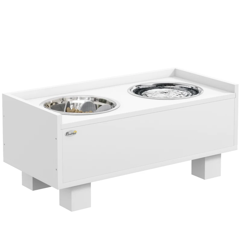 PawHut Verhoogde Voerstation voor Honden, met Afneembare Slow-Feeder Mat, 2 Aluminium Kommen, Opbergruimte, Wit