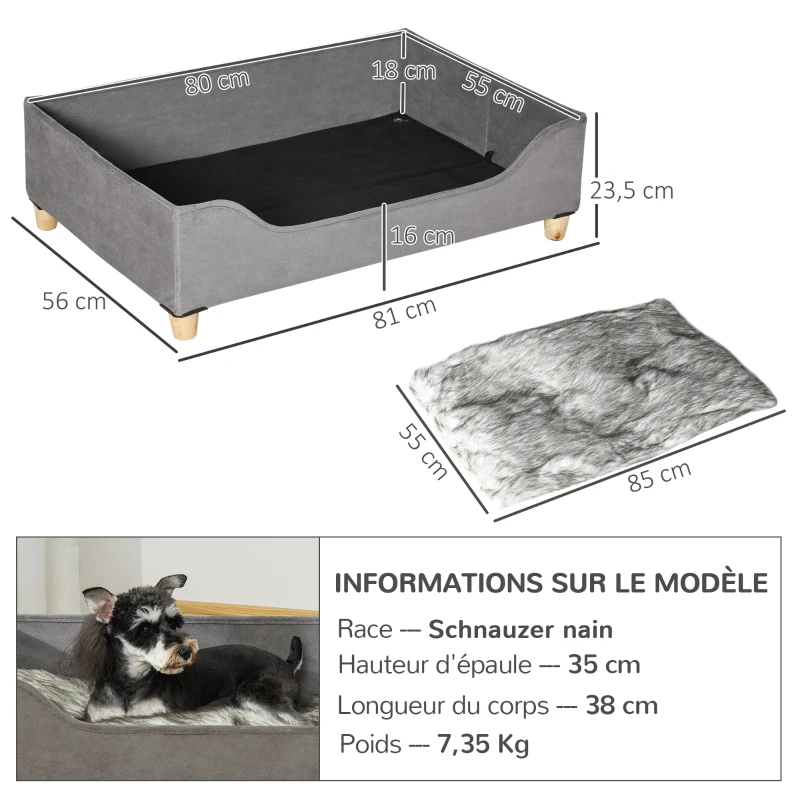 PawHut Canapé lit panier pour chien moderne avec coussin doux et lavable, pieds en bois - gris