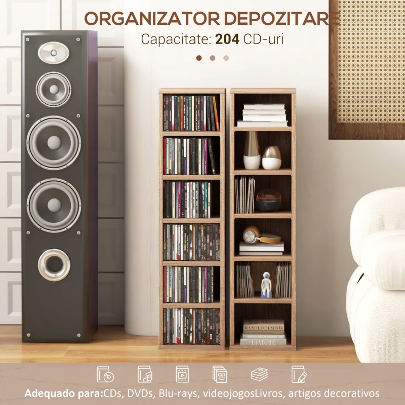 HOMCOM Set de 2 Biblioteci cu 12 Rafturi pentru 204 CD-uri/DVD-uri, Bibliotecă Coloană, 21x22,5x88,5 cm, Lemn Natural(m-4)