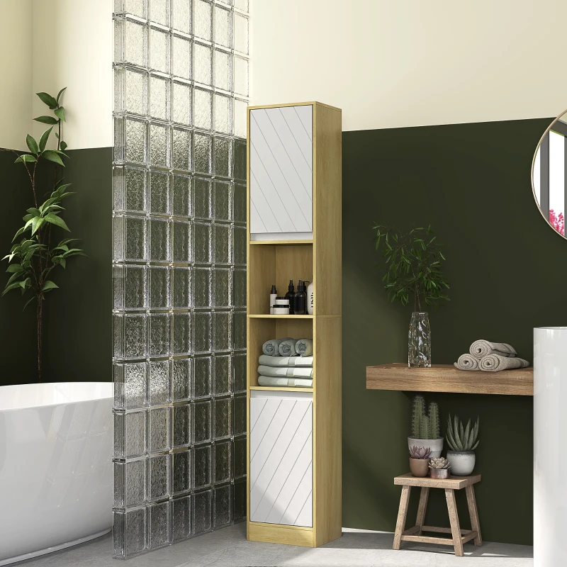 HOMCOM Dulap Înalt de Baie Spațios, Mobilier de Baie cu 2 Dulapuri și Rafturi Reglabile, 30x24x170 cm, Lemn Natural(m-2)
