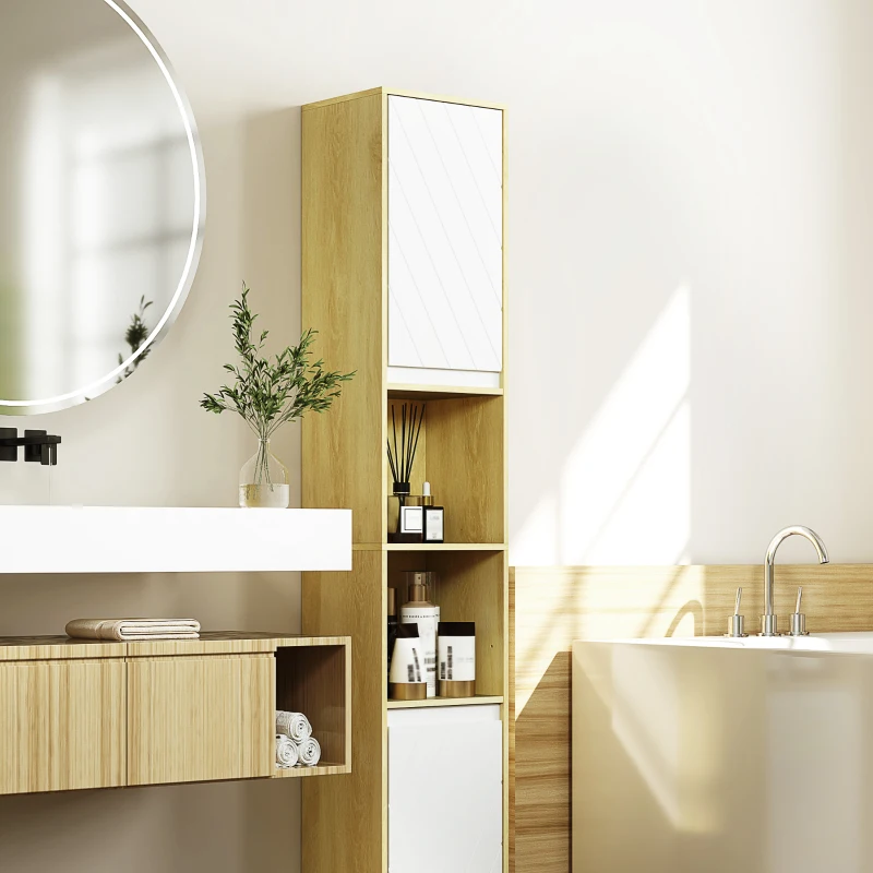 HOMCOM Dulap Înalt de Baie Spațios, Mobilier de Baie cu 2 Dulapuri și Rafturi Reglabile, 30x24x170 cm, Lemn Natural(m-8)