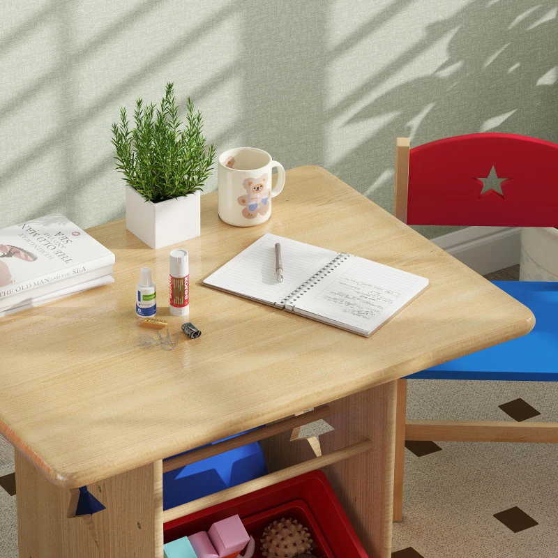 AIYAPLAY Set Masă și Scaune pentru Copii 3-7 Ani, cu 2 Scaune și 4 Compartimente de Depozitare, 77x57x50 cm, Lemn Natural