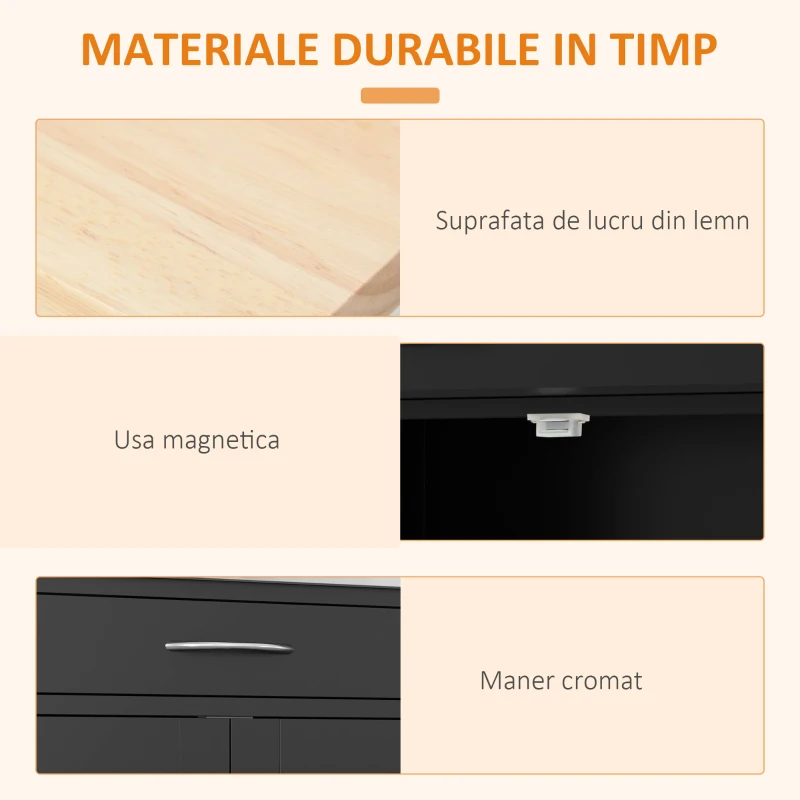 HOMCOM Cărucior de Bucătărie cu Suport pentru Sticle, 3 Uși, 4 Roți și Sertar, Dulapior de Bucătărie, 67x37x87 cm, Negru