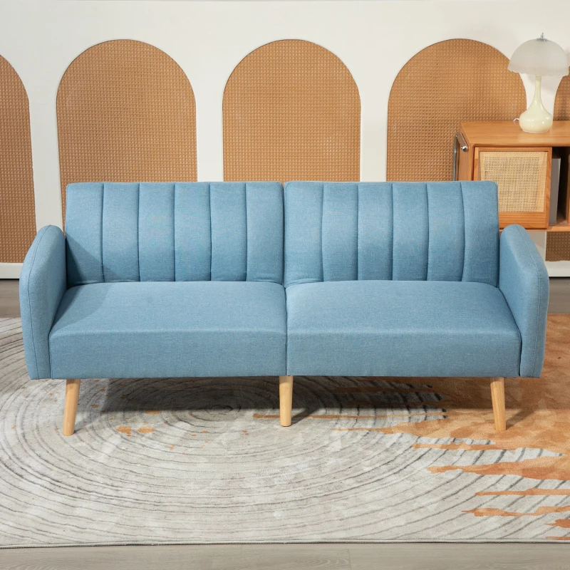 HOMCOM Sofá Cama de 2 Lugares com Encosto Ajustável em 3 Posições Apoio para os Braços e Pés de Madeira 173x75x73 cm Azul Claro